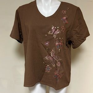 Susan Graver embroidered butterfly T-shirt NWT BROWN XL short sleeve QVC